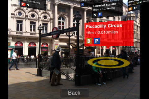 A photo of an entrance to Piccadilly Circus tube station in London, with banners overlaid directing the user to that and other nearby stations