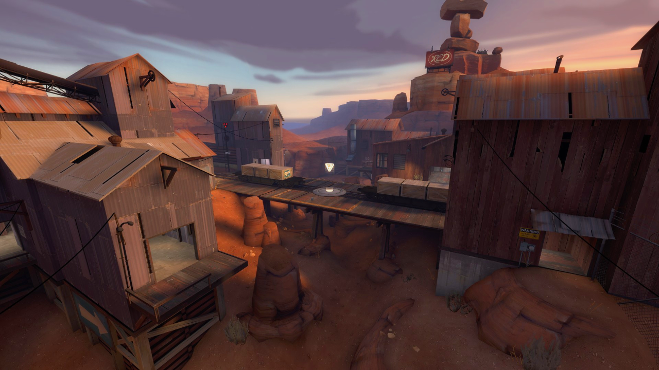 Team Fortress 2 has a cartoony style. Two teams (red and blue) compete in various types of games (e.g. capture-the-flag) in a range of terrains, mostly with a western/atompunk sort-of feel to them.
