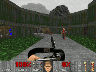The player looks across a pool of radioactive waste, with a path across it, guarded by a zombie shotgunner in a classic level from the shareware episode of Doom