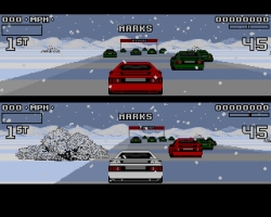Split screen two-player racing, with the track and surrounding landscape demarcated by high-contrast blocks of colour.