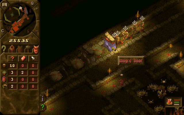 Isometric projection of the dungeon, with some heroes attacking a magic door in a corridor, and some other rooms partly visible, such as a lair, and a GUI panel to the left that provides stats on the activities in which the dungeon dwelling devilish denizens are currently engaging.