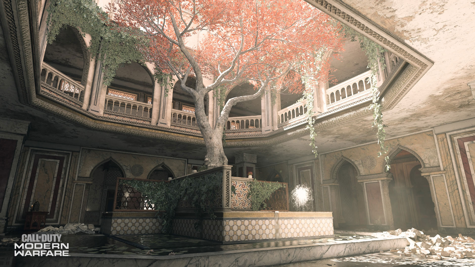 Very detailed blossoming tree atrium scene from Call of Duty: Modern Warfare