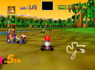 A bunch of cartoony cars race around a jungle-themed muddy track with trees surounding