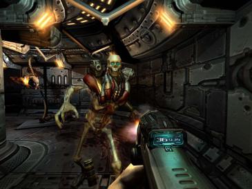 The player faces off against a dual-rocket-launcher-weilding unded skeleton, on a haunted Mars science base.