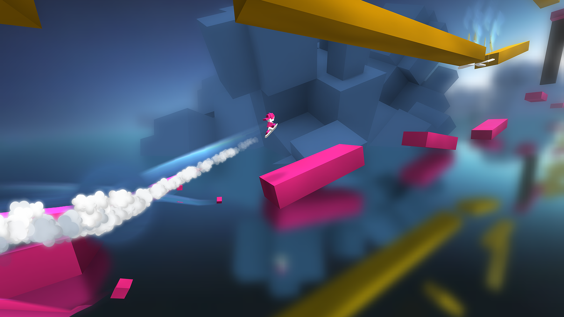 The pixel-art-style player, sort-of speed-skateboarding betwixt a bunch of brilliant cerise platforms, with a yellow platform up above.