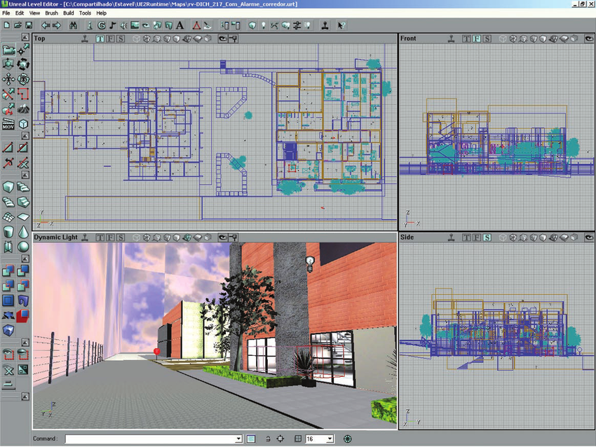 The Unreal Editor (comes with the game) used to create a model of an academic building. There are loads of toolbars, wireframe editor views for three elevations and a real-time fully-rendered first-pereson view of the environment too.