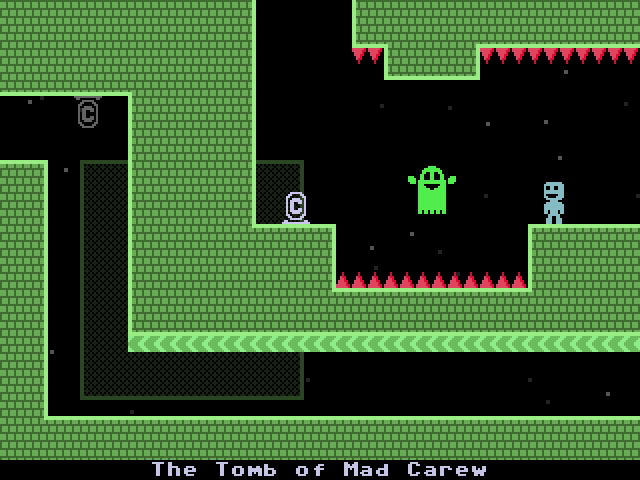 Bright green platforms against a black background, with obstacles such as pits and red spikes, and some pixellated bouncy spooky-looking characters, in VVVVVV's level called The Tomb of Mad Carew.