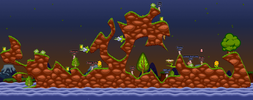 An entire Worms battlefield, a small island in the sea. It's 2D, viewed side-on, with variable terrain and peppered with both trees and a hord of angry worms.