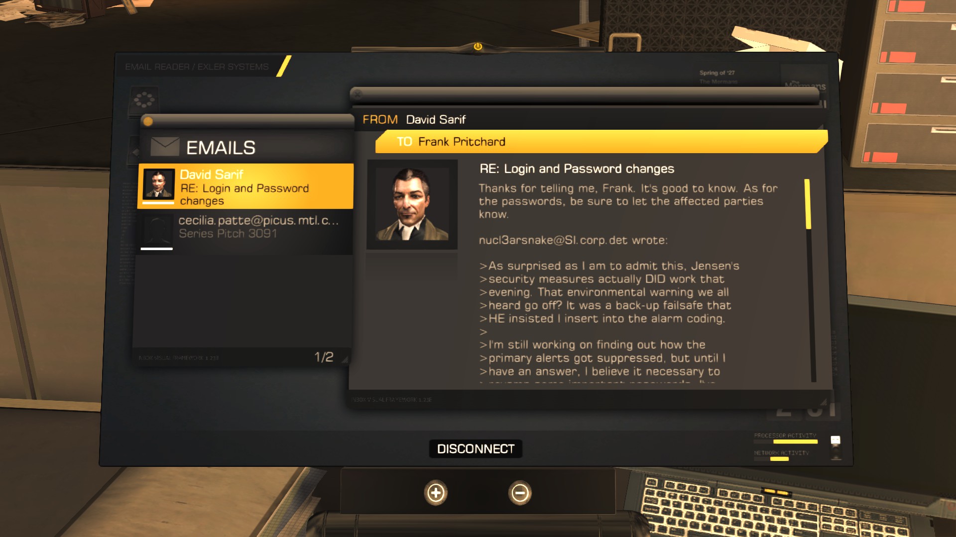 A computer terminal in Deus Ex: Human Revolution, showing some emails.