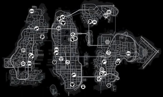The Grand Theft Auto 4 mini-map showing the road layout in greyscale, with monocrhome symbosl to indicate whether a place is a repair shop, safe-house, restaurant, or any number of other locations.
