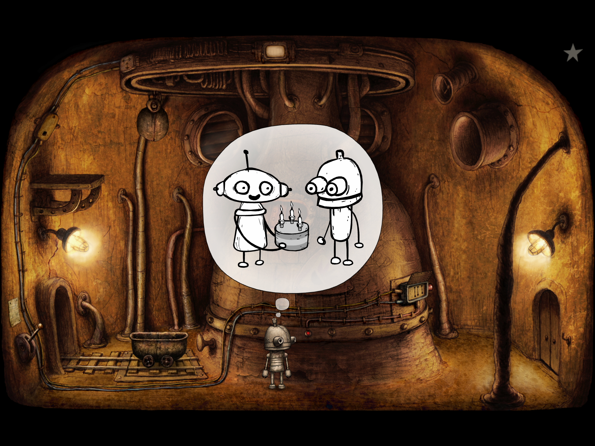 A scene with our robot hero in a room with a furnace in it, in Machinarium. The little robot is remembering his love giving him a birthday cake, as depeicted by a cartoon in a bubble above his head.
