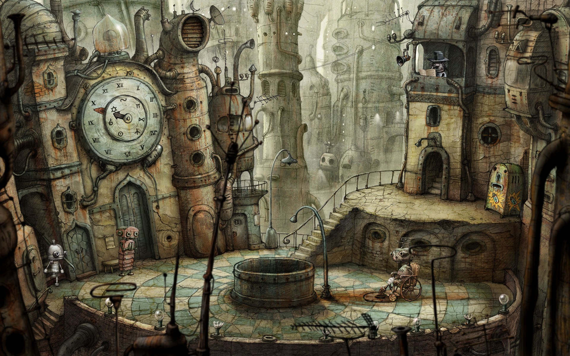 A town plaza in Machinarium, with several rusty robot characters, a church, water fountain and other buildings, all very detailed, with a muted palette.