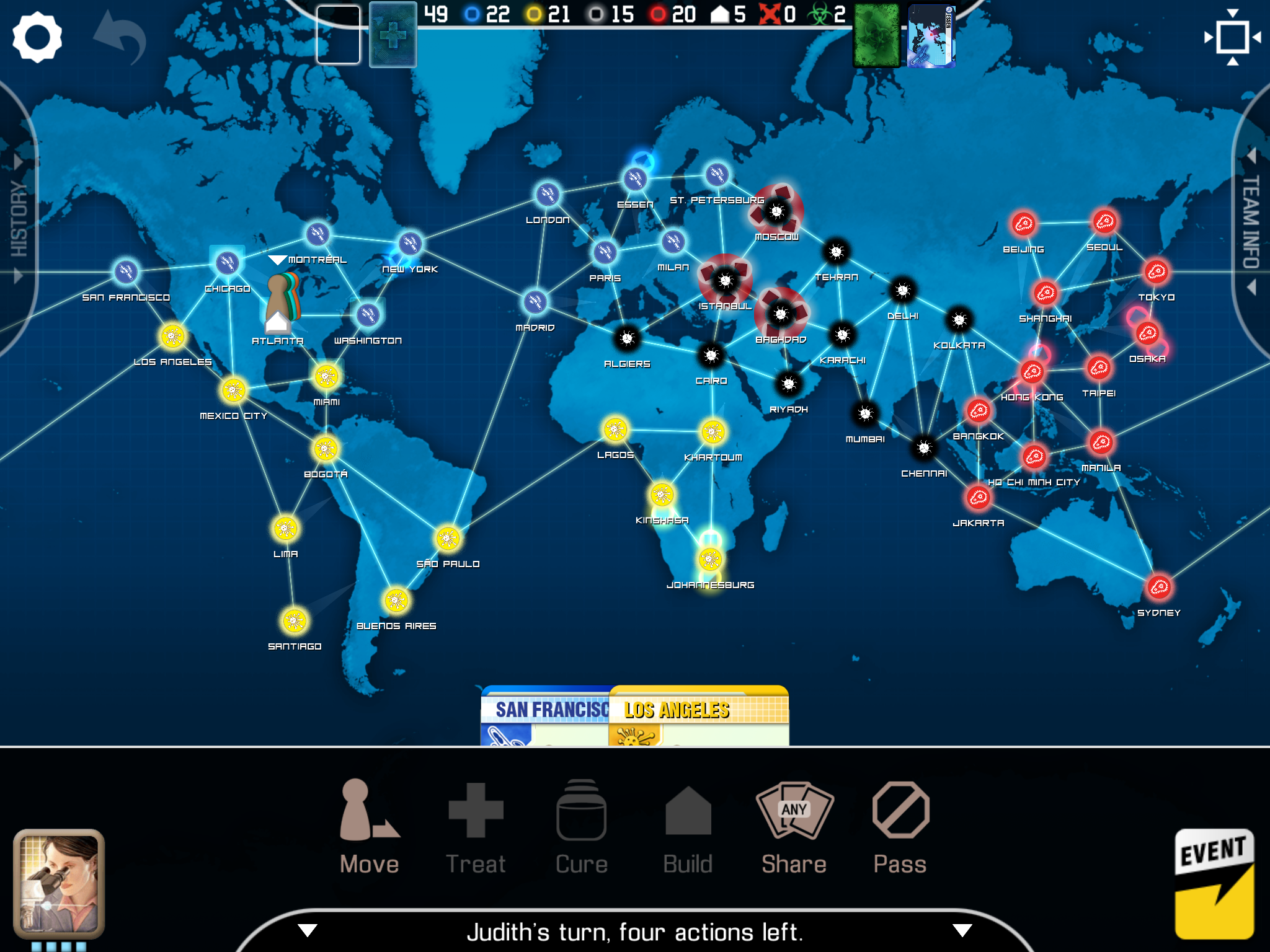 Screen from the digital version of the game Pandemic. The main play area is a map of the world, showing where disease outbreaks have occured. The player's hand is also shown at the bottom of the screen.