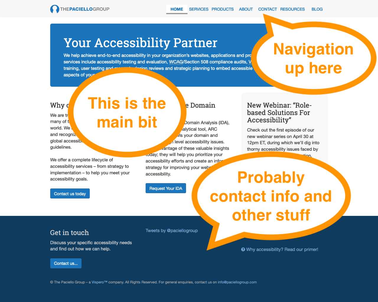 The Paciello Group home page with visually-apparent page areas called out in speech bubbles