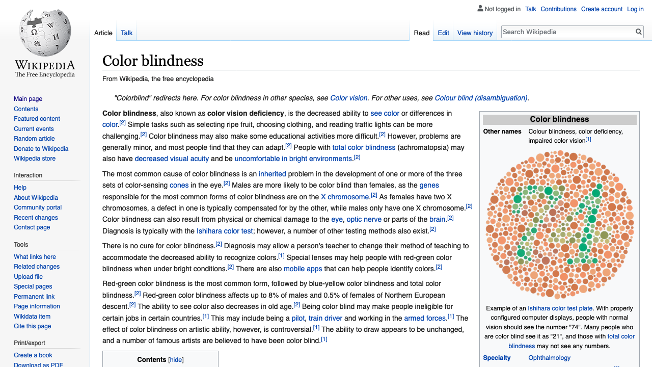 Zoomed view of the top of the Wikipedia article on colour perception deficit