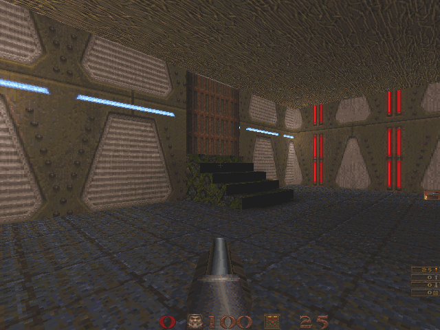 First-person view from the lower of the two rooms looking on at the stairs and door into the other room. Military base textures have been applied: corrugated steel walls and a tiled floor.
