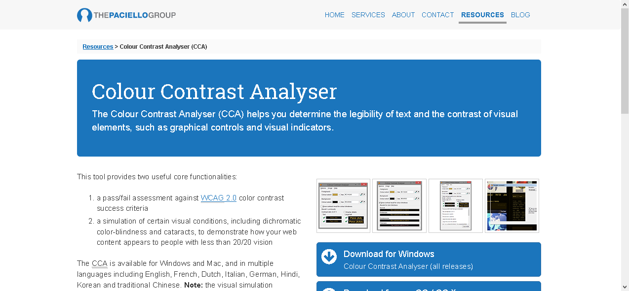 TPG page about Colour Contrast Analyser, with normal, blue colour scheme and dark text an a light background