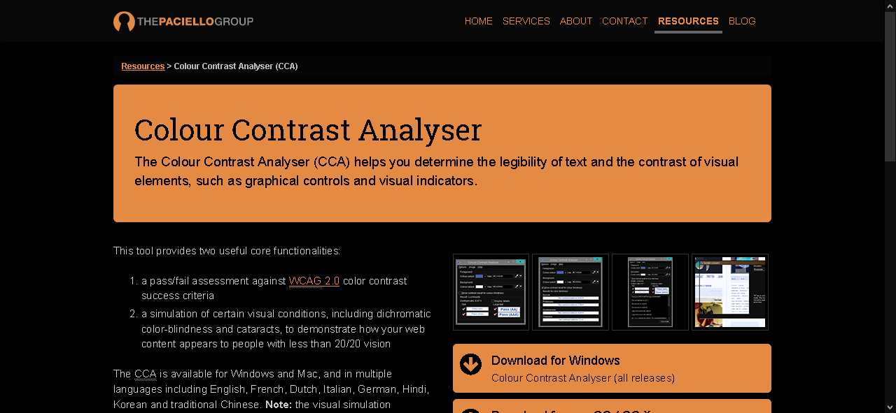 TPG page about Colour Contrast Analyser with inverted colours, making the blues orange, the background dark and the text light