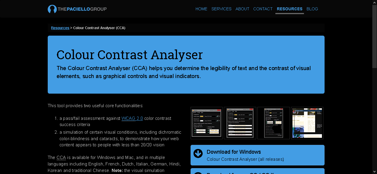 TPG page about Colour Contrast Analyser with inverted brightness, keeping the blue colour scheme, but making the background dark and the text light