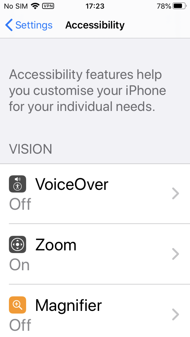 iOS Accessibility settings screen with a large font size. Fewer options are visible on-screen, and their entries in the list have wrapped onto two lines.