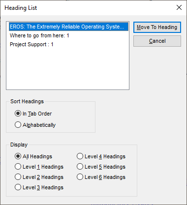 Screen reader dialog listing headings on the EROS OS home page