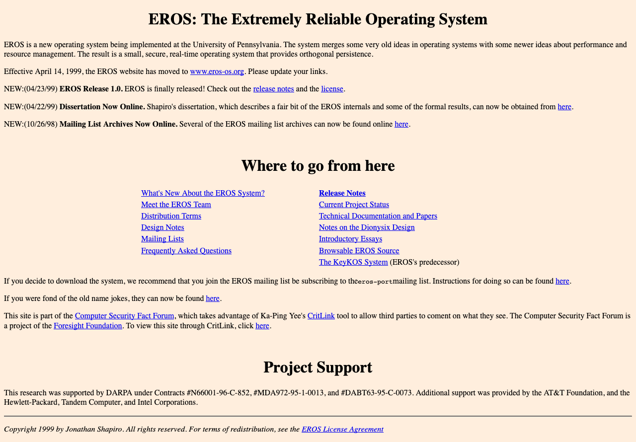 The EROS (Extremely Reliable Operating System) home page