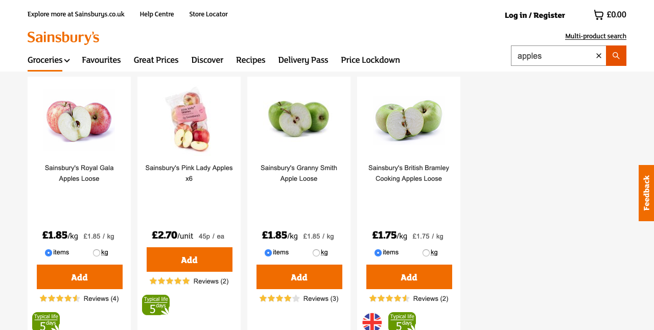 Online shopping site, showing a selection of apples