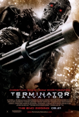 Poster for the film Terminator: Salvation, depicting an angry-looking humanoid 'terminator' robot toting a big multi-barrelled gun.