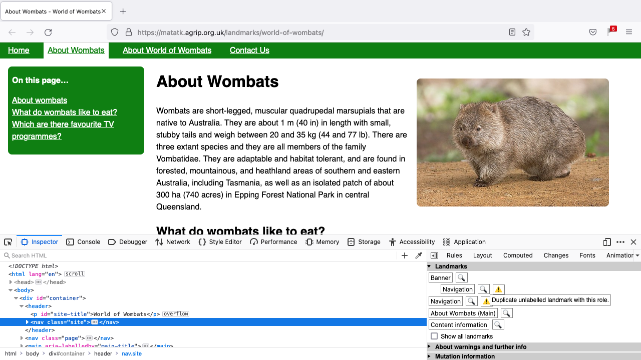 Screengrab of the Landmarks extension, showing the DevTools panel that gives you the ability to inspect the landmarks tree, and highlights potential accessibility problems, such as multiple unlabelled landmarks having the same role.