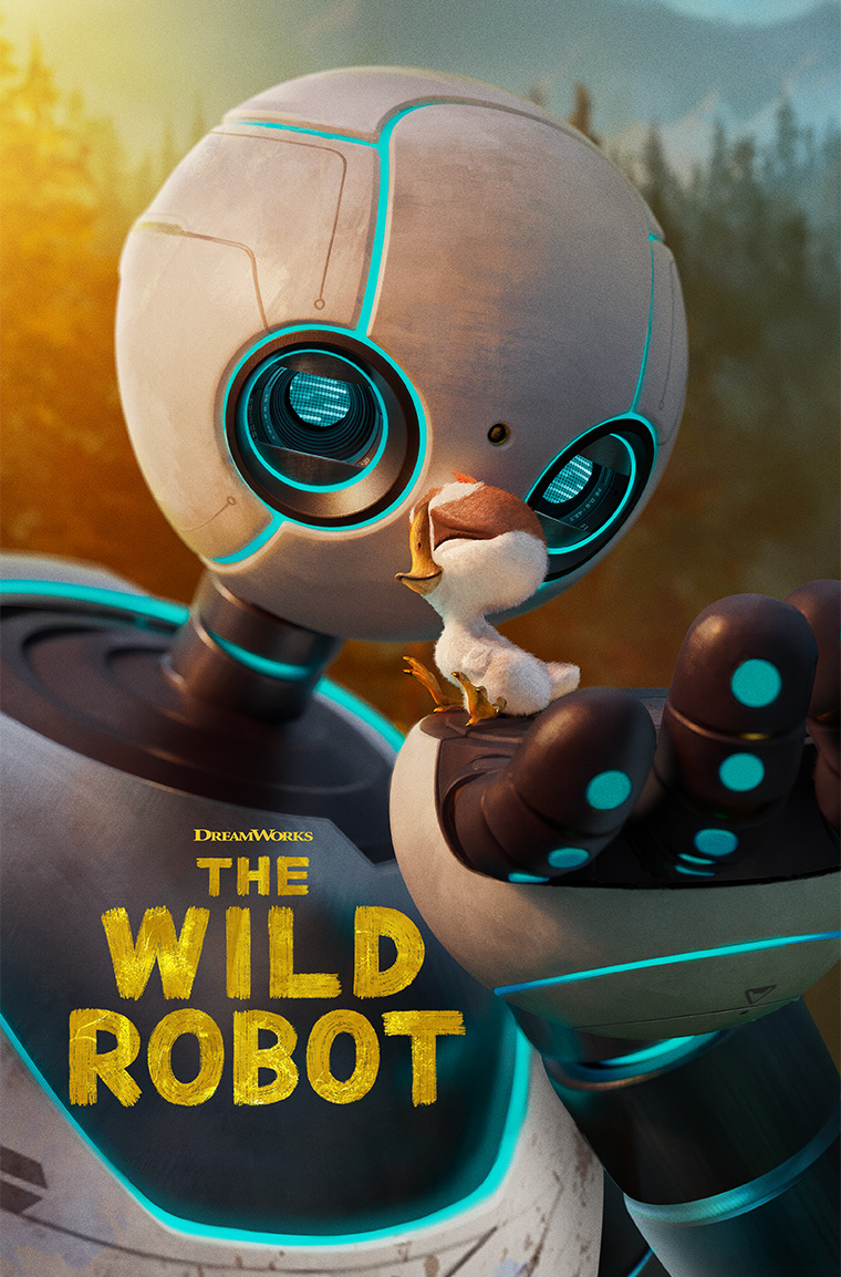 Poster for the film The Wild Robot, depicting a gentle robot named Roz delicately holding in her hand a small bird that she has adopted.