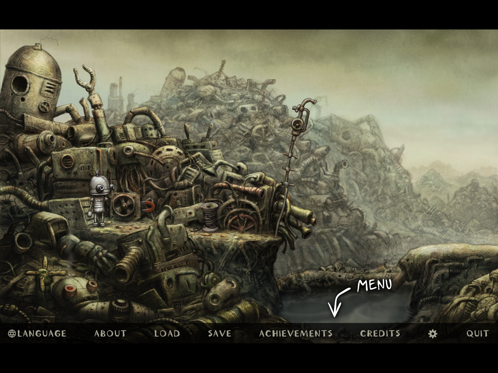The same scene from Machinarium, with an arrow pointing to where the user needs to tap to bring up the game menu at the bottom of the screen