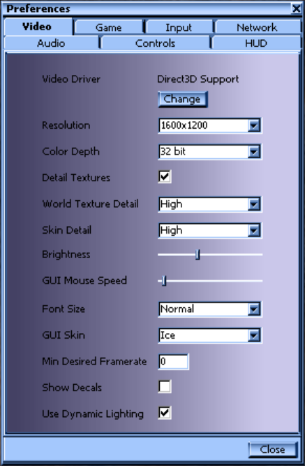 The 'Video' tab of Unreadl Tournament's Preferences dialog, containing various resolution options and the 'Font Size' option, set to 'Double'