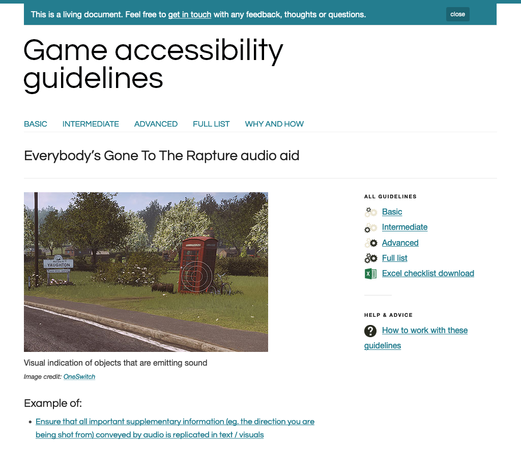 Game Accessibility Guidelines page containing the best practice example from Everybody's gone to the rapture.