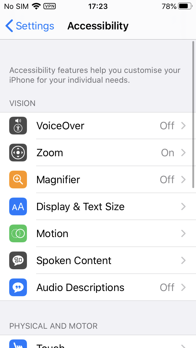 iOS Accessibility settings screen with default font size
